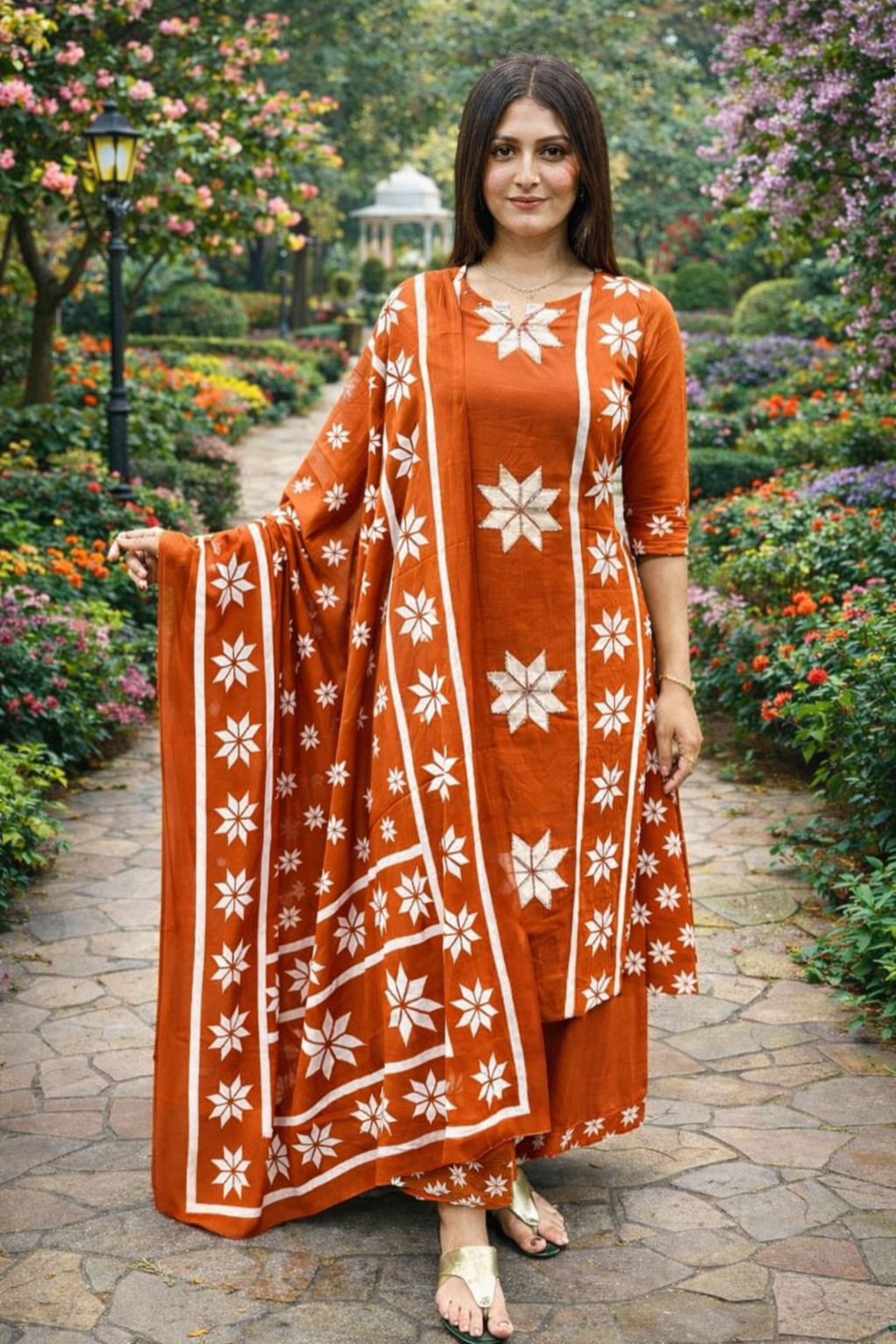 Spice Wardrobe Elegant Burnt Orange Printed Cotton Suit