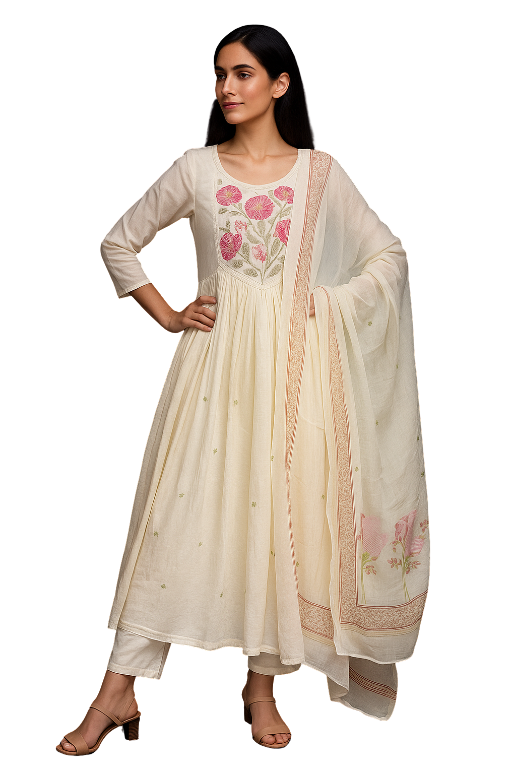 Spice Wardrobe Elegant Cotton Ethnic Suit Set with Floral Embroidery, Cream with Coral Pink, 3/4 Sleeves, Dupatta and Pants