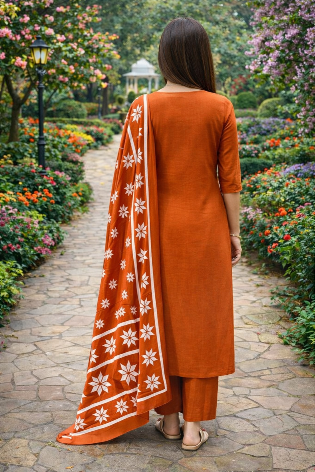 Spice Wardrobe Elegant Burnt Orange Printed Cotton Suit