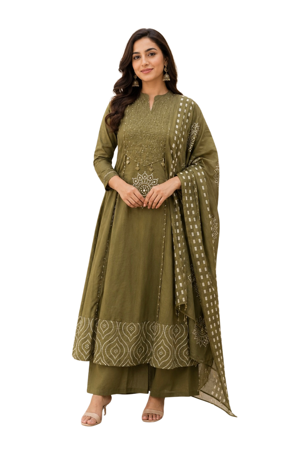Spice Wardrobe Elegant Olive Green Anarkali Cotton Suit