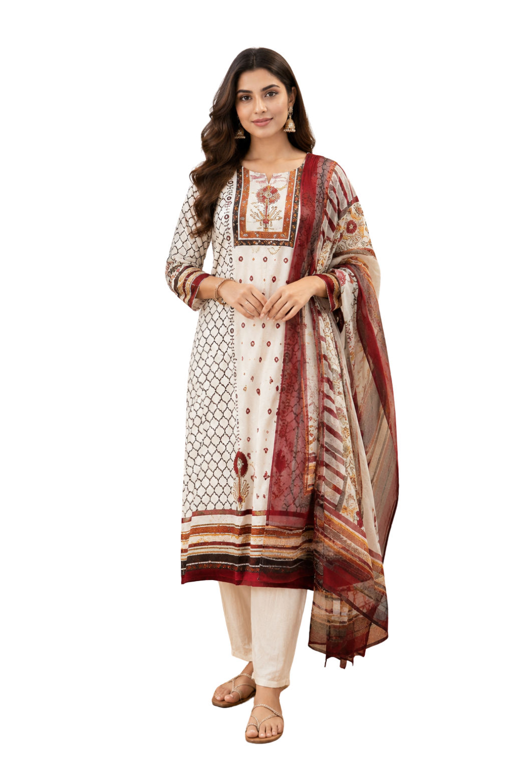 Spice Wardrobe Elegant Cream and Red Cotton Suit