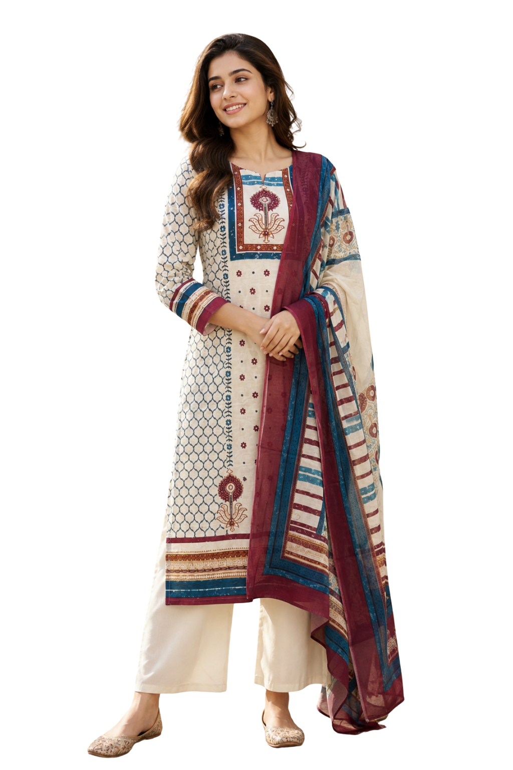 Spice Wardrobe Elegant Cream and Blue Cotton Suit