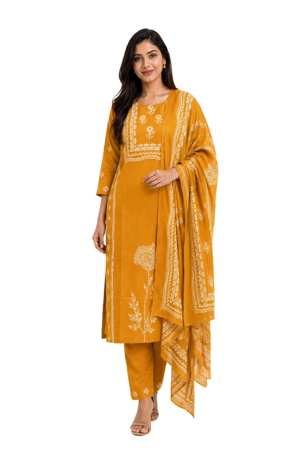 Spice Wardrobe Elegant Yellow Printed Cotton Suit