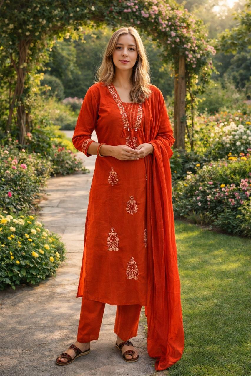 Spice Wardrobe Elegant Bright Orange Printed Cotton Suit