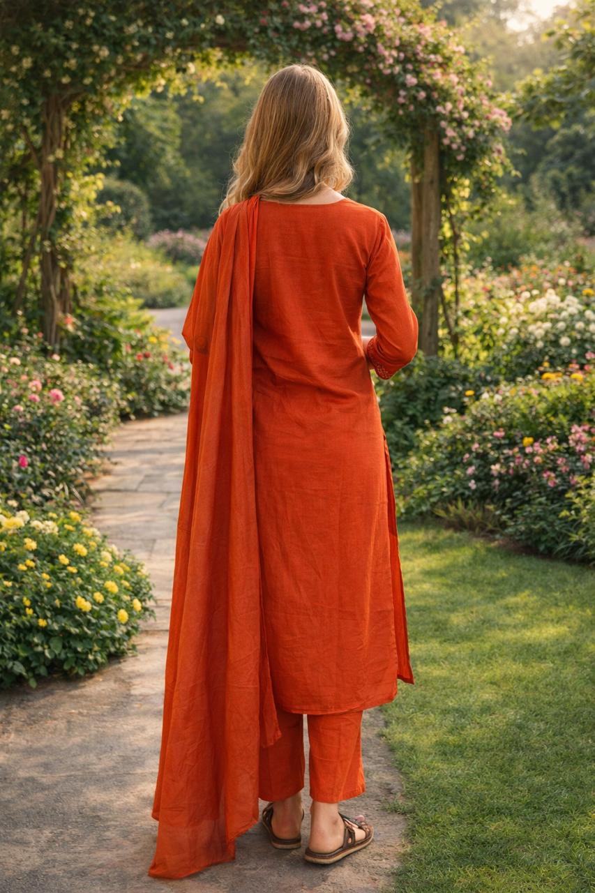 Spice Wardrobe Elegant Bright Orange Printed Cotton Suit