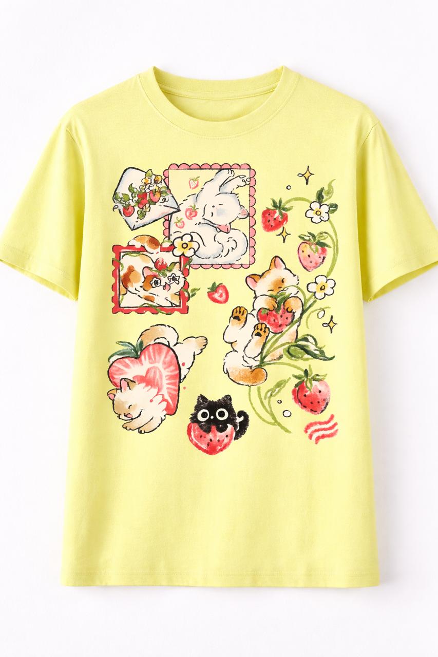 Unisex Cute Cat and Strawberry Graphic Print Pure Cotton T-Shirt
