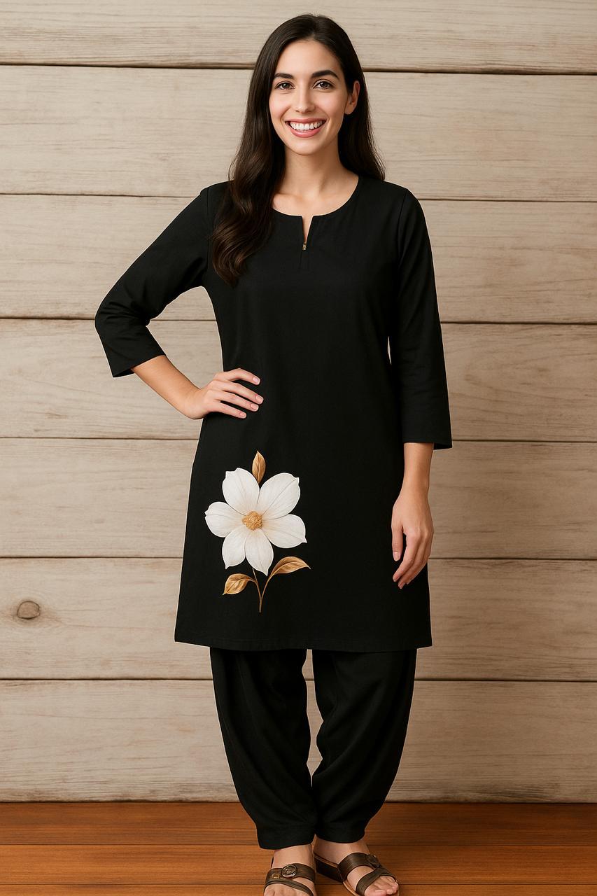 Spice Wardrobe - Women's Black  Ethnic Co-Ord Set| Afghan and Kurti | Premium 100% Cotton | Rich Ultra Soft Fabric | Solid Color Printed