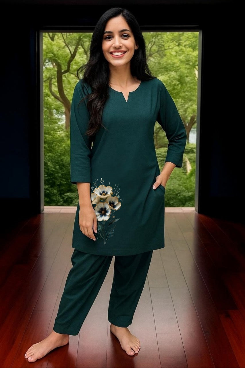 Spice Wardrobe - Women's Bottle Green Ethnic Co-Ord Set| Afghan and Kurti | Premium 100% Cotton | Rich Ultra Soft Fabric | Solid Color Printed