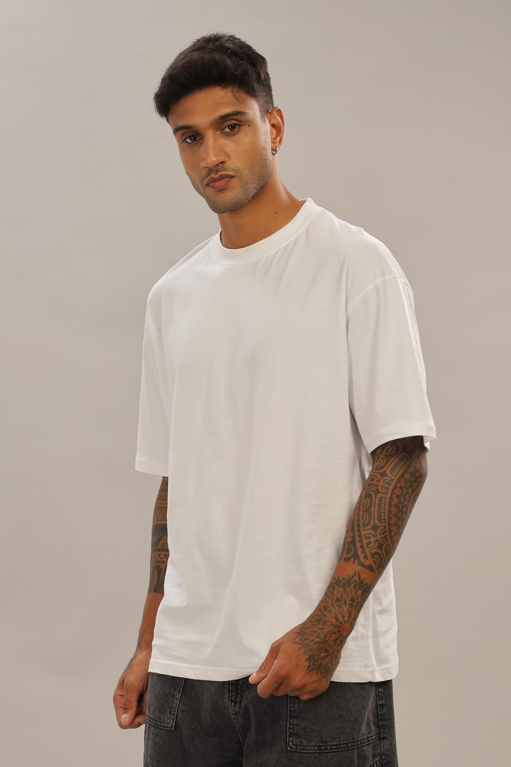 Spice Wardrobe Men Half Sleeve Oversized T-shirt, Round Neck Longline Drop Shoulder | Plain White Relaxed Fit T-Shirt 100% Cotton 180 GSM Fabric