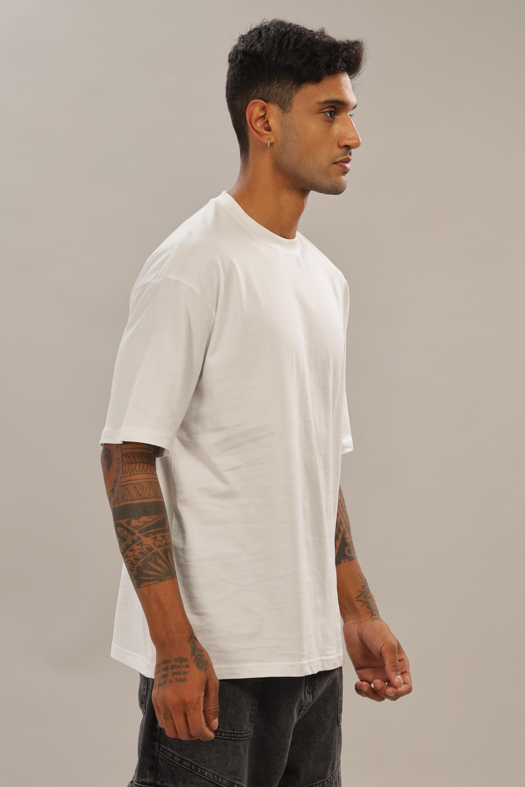 Spice Wardrobe Men Half Sleeve Oversized T-shirt, Round Neck Longline Drop Shoulder | Plain White Relaxed Fit T-Shirt 100% Cotton 180 GSM Fabric