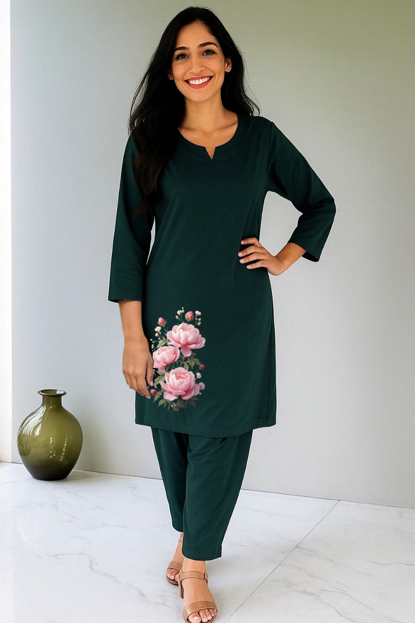 Spice Wardrobe - Women's Bottle Green Ethnic Co-Ord Set| Afghan and Kurti | Premium 100% Cotton | Rich Ultra Soft Fabric | Solid Color Printed