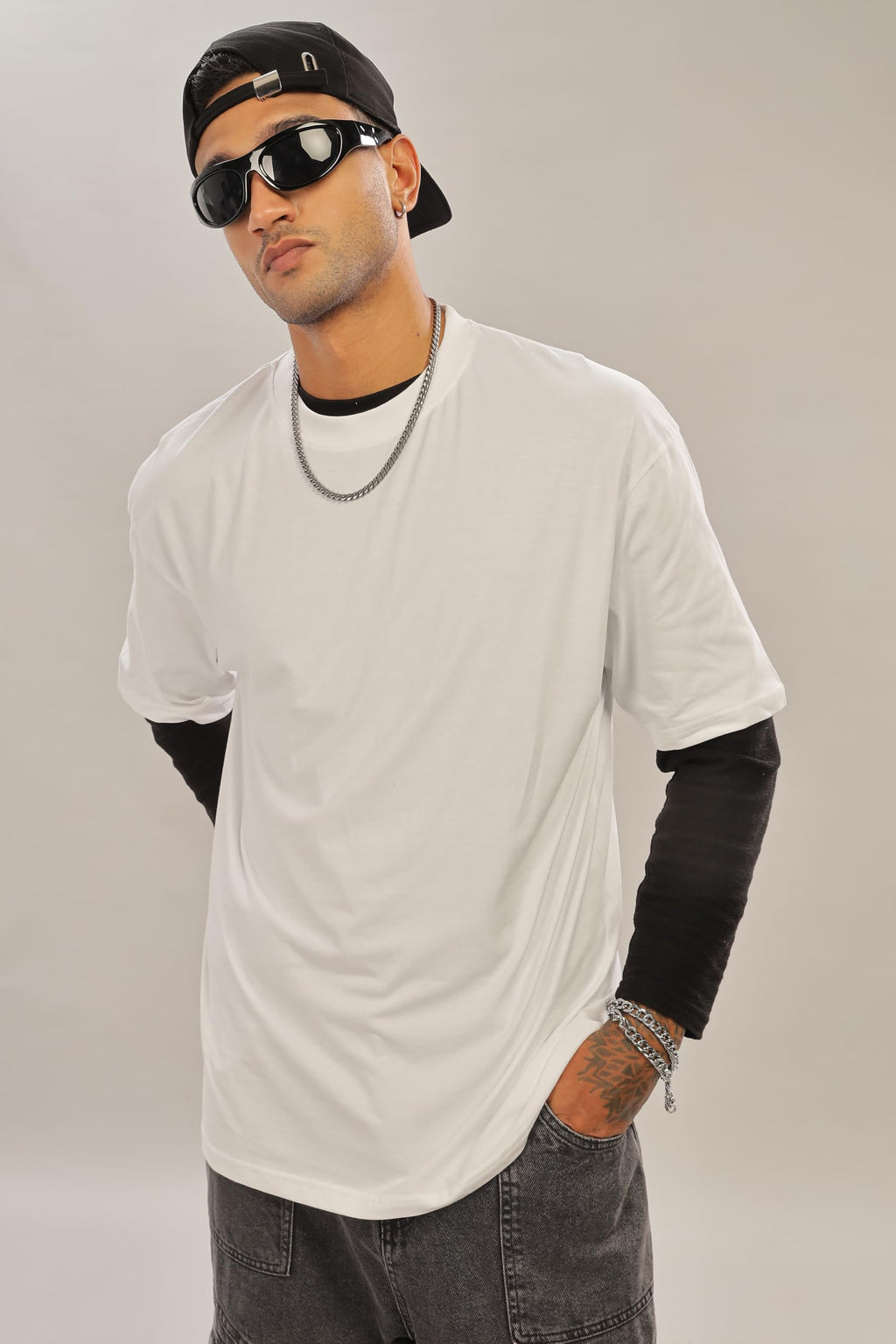 Spice Wardrobe Men Half Sleeve Oversized T-shirt, Round Neck Longline Drop Shoulder | Plain White Relaxed Fit T-Shirt 100% Cotton 180 GSM Fabric