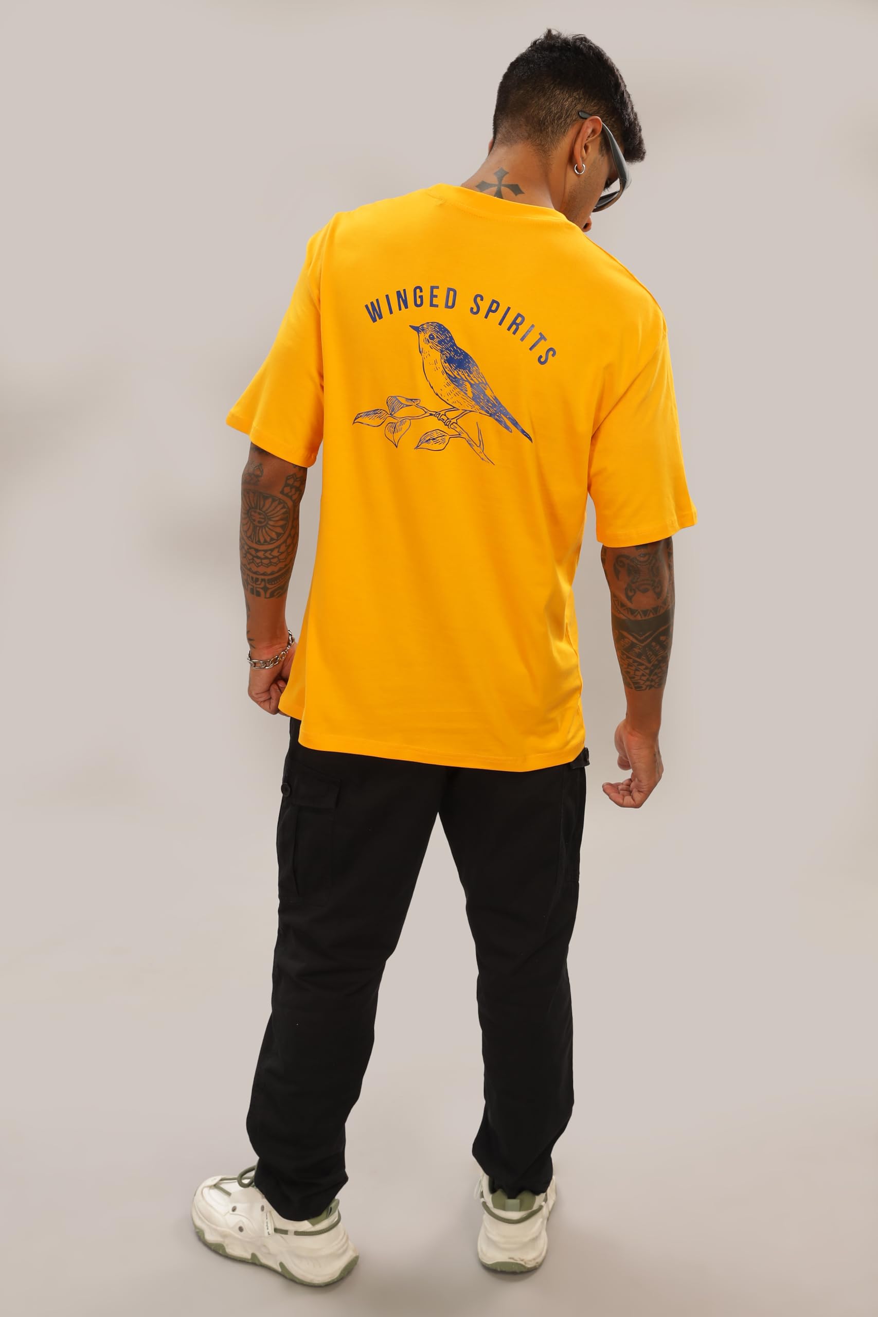 Spice Wardrobe Men Half Sleeve Oversized T-shirt, Round Neck Longline Drop Shoulder | Yellow Printed Relaxed Fit T-Shirt Cotton 180 GSM Fabric