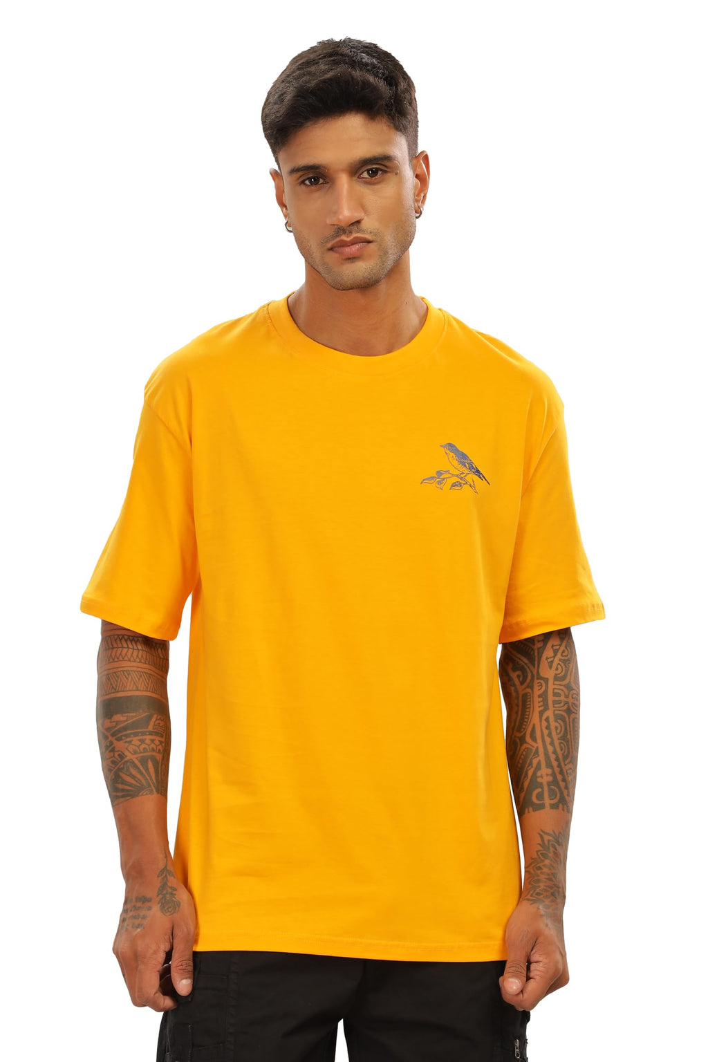 Spice Wardrobe Men Half Sleeve Oversized T-shirt, Round Neck Longline Drop Shoulder | Yellow Printed Relaxed Fit T-Shirt Cotton 180 GSM Fabric