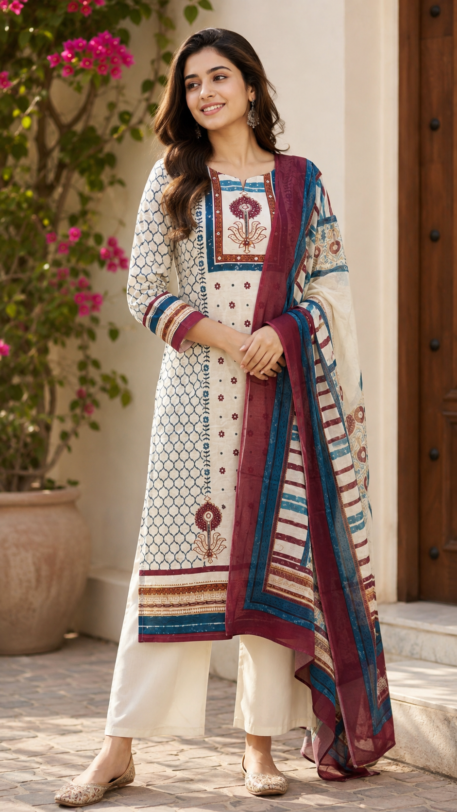 Spice Wardrobe Elegant Cream and Blue Cotton Suit
