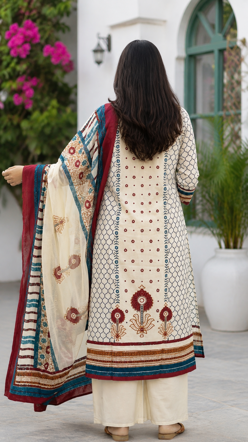 Spice Wardrobe Elegant Cream and Blue Cotton Suit