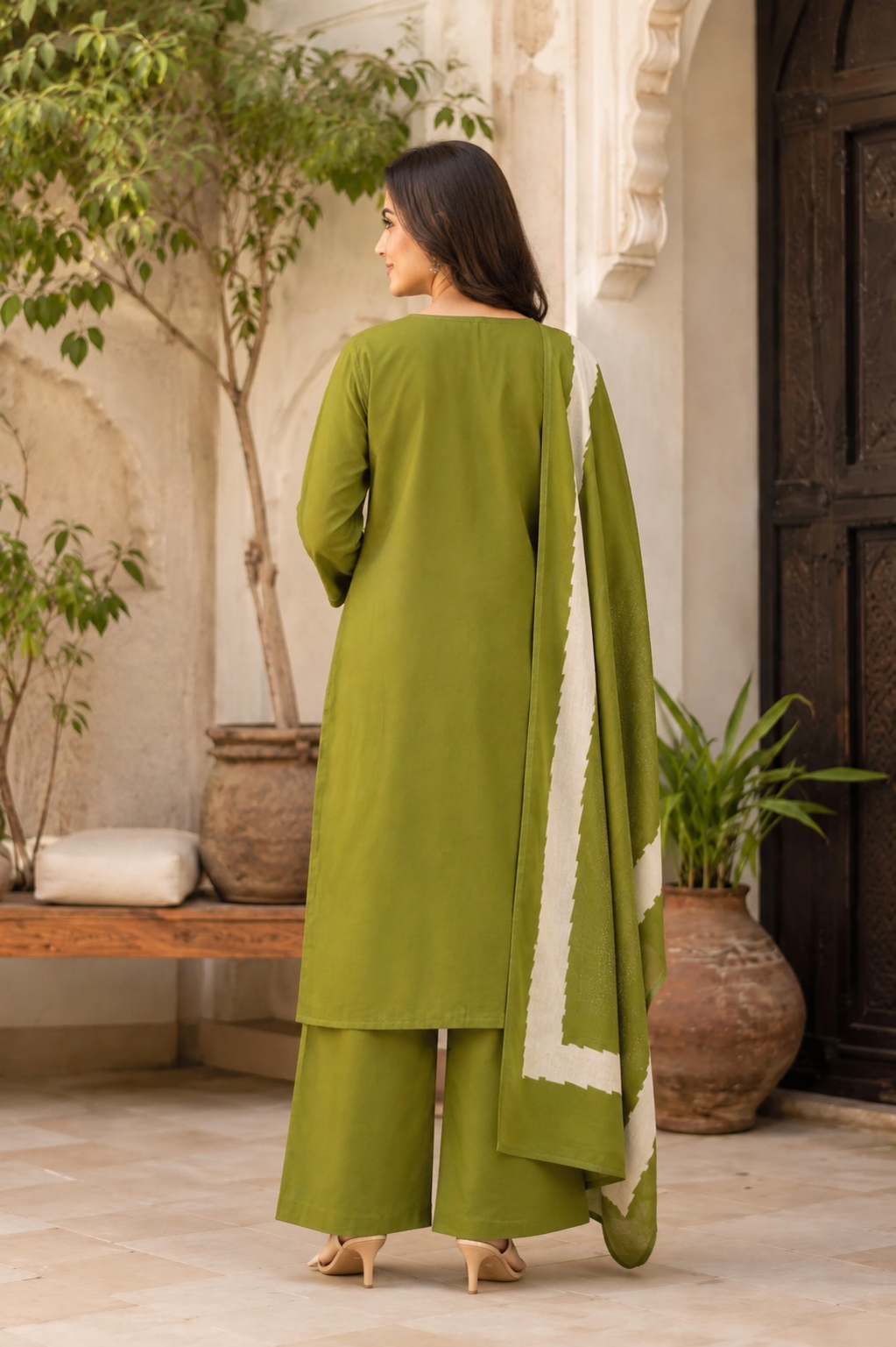 Spice Wardrobe Elegant Leaf Green Cotton Suit