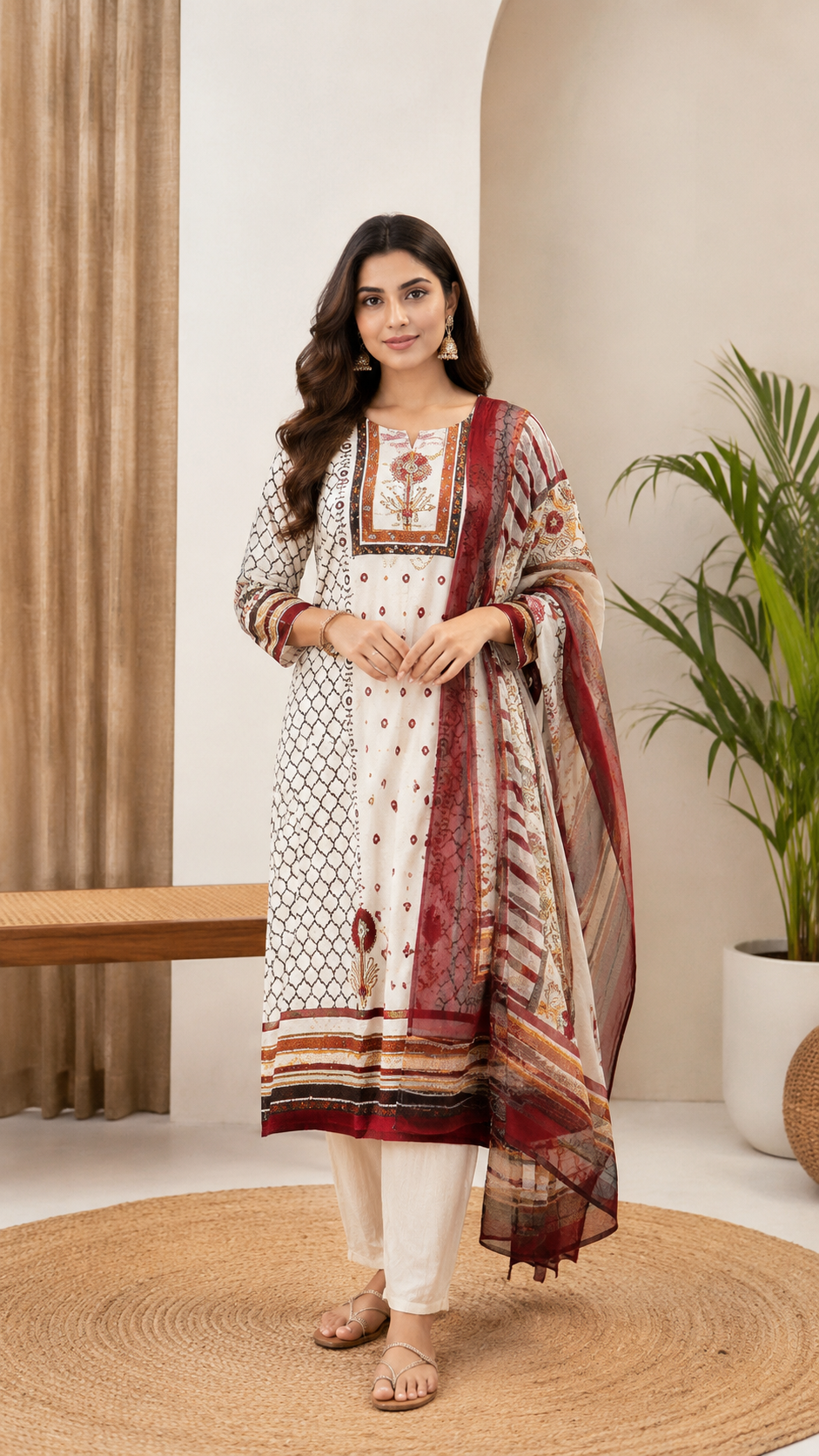 Spice Wardrobe Elegant Cream and Red Cotton Suit