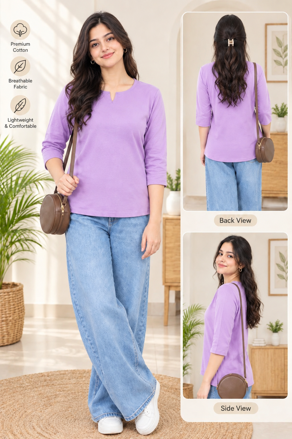 Spice Wardrobe Lavender Elegant Premium Cotton Short Kurti for Women
