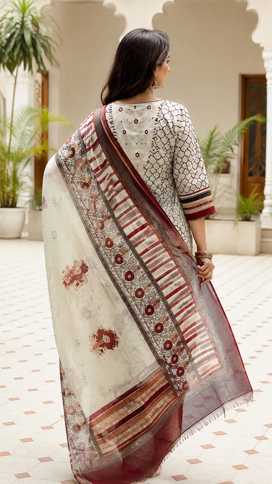 Spice Wardrobe Elegant Cream and Red Cotton Suit