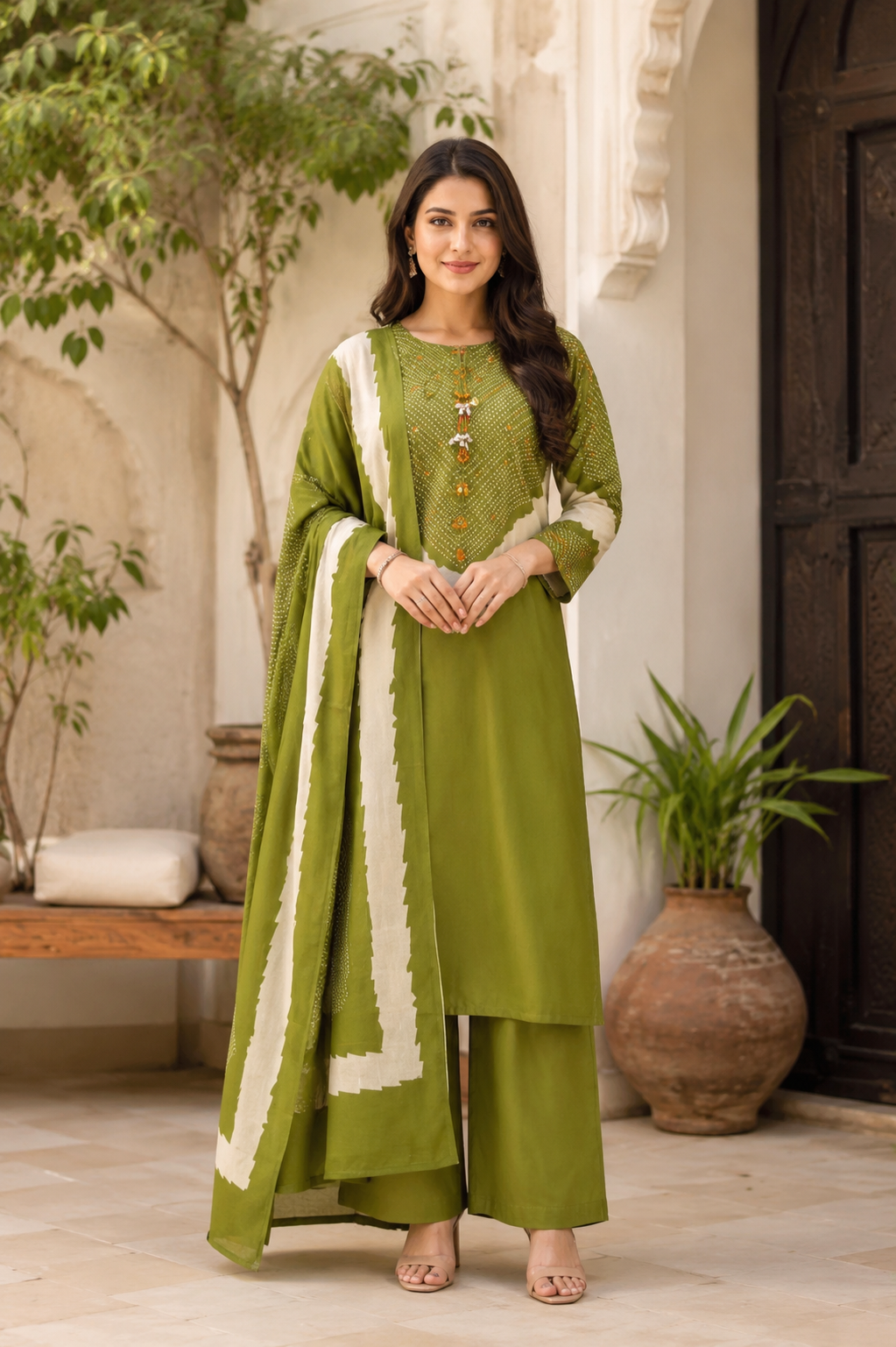 Spice Wardrobe Elegant Leaf Green Cotton Suit